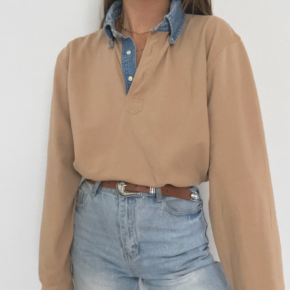 90s Oversized Tan Long Sleeve Polo Shirt with Denim Collar - Picture 3 of 8